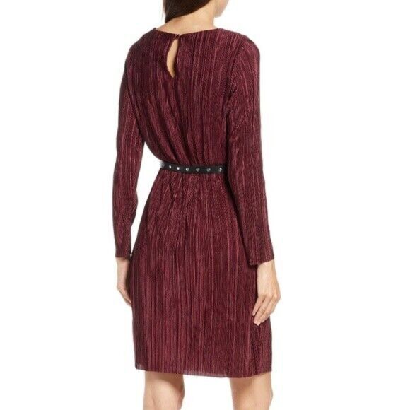 NWT Sam Edelman Long Sleeve Plisse Crinkle High Neck Burgundy Shift Dress Size 2 - Picture 3 of 12